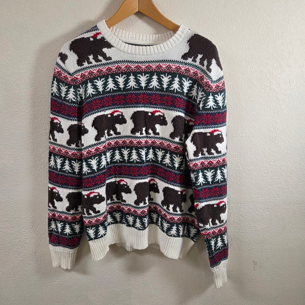 St Johns Bay Mens Medium White Fair Isle Christmas Bear Cotton Knit Sweater